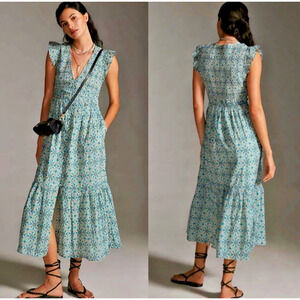 Anthropologie Teal Floral Midi Dress